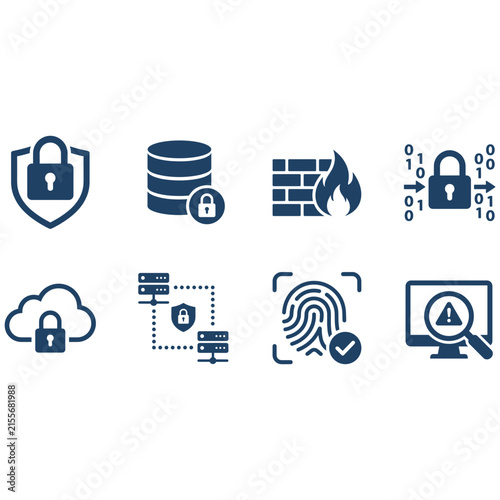 Collection of cybersecurity and data protection icons representing digital safety and network security concepts.