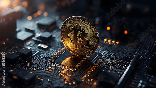 Golden Bitcoin Coin on Futuristic Circuit Board, Digital Cryptocurrency Mining Concept, Blockchain Technology