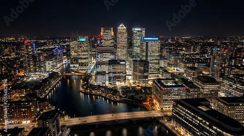 Night cityscape skyline over illuminated river dock.
