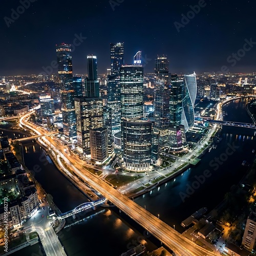 Night skyline of modern metropolis with river.