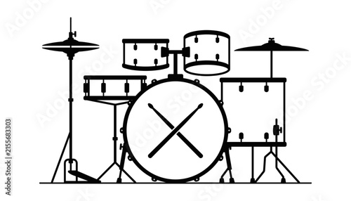 Minimalist black and white drum kit vector illustration with crossed drumsticks for musical design concepts