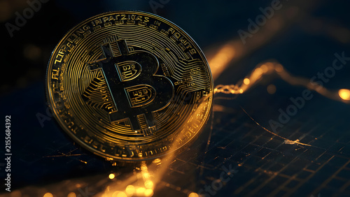 Golden Bitcoin Cryptocurrency Coin Illuminated with Glowing Electric Circuit Lines