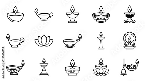 Set of 15 linear icons of traditional indian oil lamps and decorative elements for diwali festival