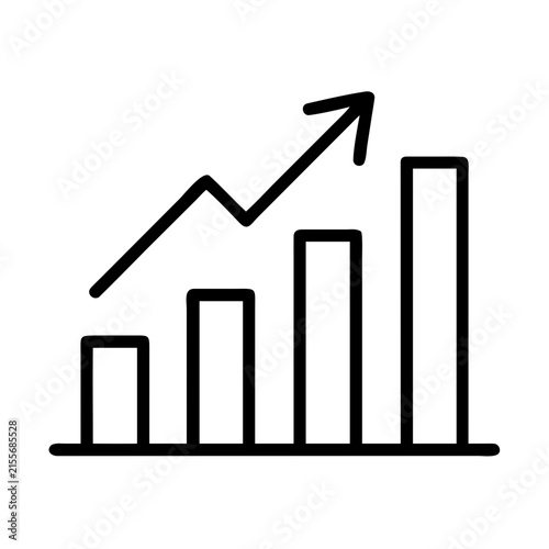 Growing bar chart with upward arrow icon - Simple black and white vector icon showing a bar chart with increasing bars and an upward arrow indicating growth or progress.
