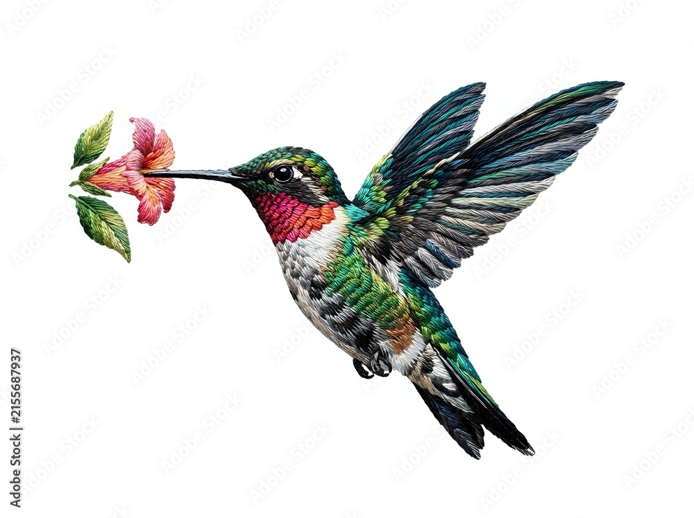 Fototapeta premium Hummingbird with iridescent plumage feeding from pink flower