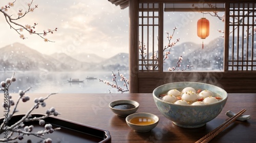 Traditional Chinese Winter Scene with Hot Sweet Tangyuan Soup and Blooming Plum Blossoms
