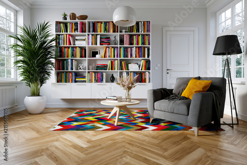 Well-appointed book-filled interior with a symmetrical depth and a bright, professional appearance