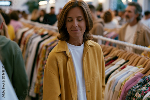 Curated vintage clothing sale with classic fashion pieces displayed on minimalist racks, shoppers interacting naturally, clean modern aesthetic, offering a unique and highly detailed perspective