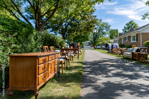Captivating and dynamic shot highlighting elegant Juneteenth themed yard sale in a pristine suburban driveway, carefully displayed furniture, books, clothing, antiques and household goods, tasteful