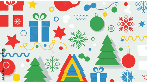 Colorful festive holiday decorations with geometric shapes and symbols.