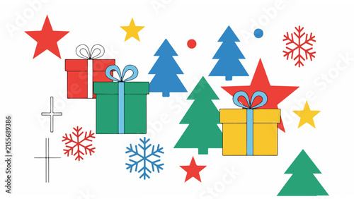 Colorful festive holiday gift boxes with ribbons and stars.