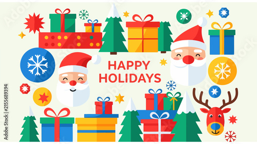 Colorful festive holiday greeting with presents and decorations.