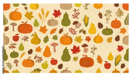 Cute Fall Harvest Seamless Pattern with Colorful Pumpkins Leaves and Botanical Decorations