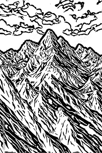Black and White Mountain Range Linocut Style Illustrationmountain landscape vector