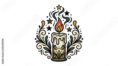 Decorative Candle with Swirling Flames and Stars