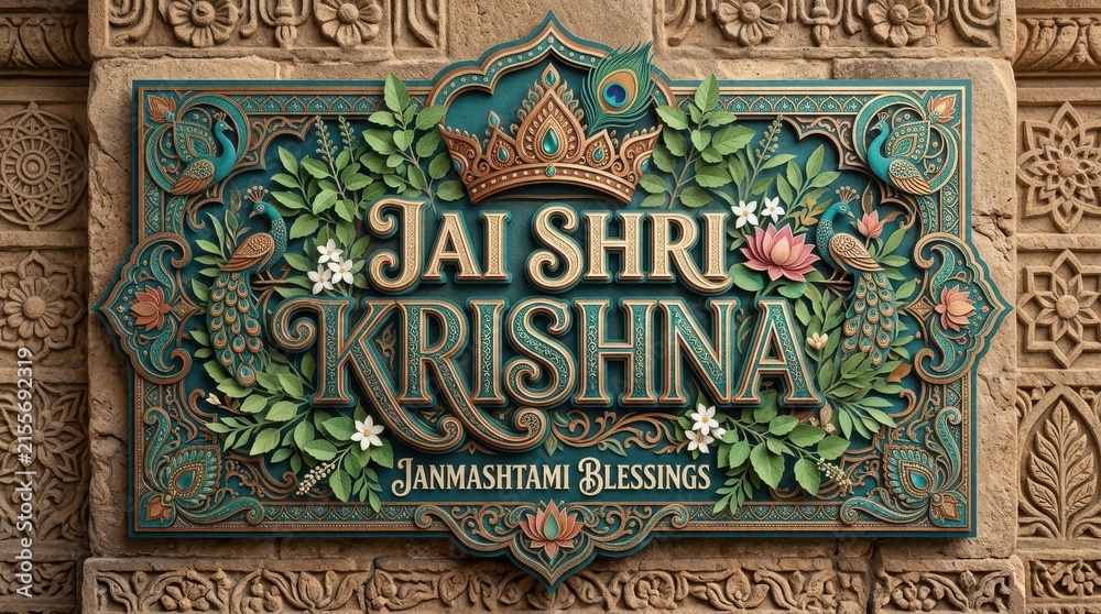 Fototapeta premium Jai shri krishna lettering in elegant metallic font surrounded by ornate leaf patterns crown and peacock designs on stone texture.