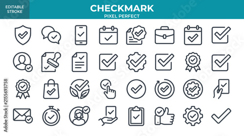 Professional checkmark line icons set showing approval symbols for business applications and modern digital interface designs