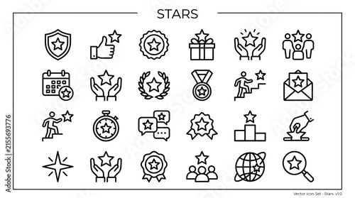 Diverse black and white star themed icons arranged in a clean grid for professional web design