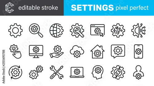 Settings icon set featuring outline design style with editable strokes for modern web development projects