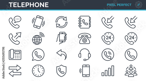 Telephone communication outline icons set showing modern mobile devices and classic calling features on white background