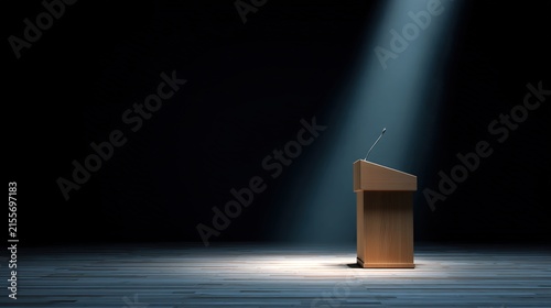 auditorium. Empty microphone on wooden podium illuminated by spotlight, dark auditorium background. public awareness campaigns.