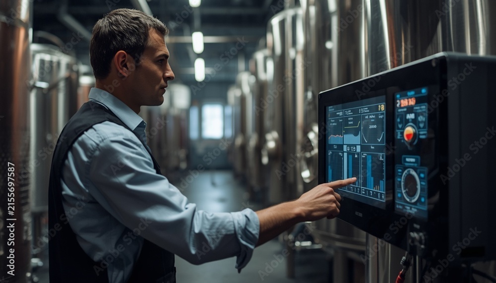 Fototapeta premium A professional winemaker monitoring fermentation tanks inside a modern winery