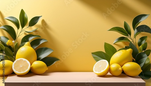 bright and refreshing lemon display with botanical accents for product promotion