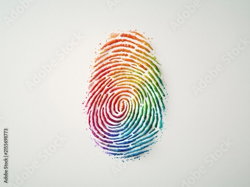 Vibrant rainbow fingerprint design on white surface.