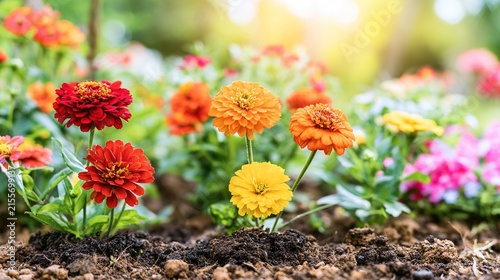 shovel. Freshly planted flowers in garden soil, basking in morning sunlight with a dreamy shallow depth of field. public awareness campaigns.