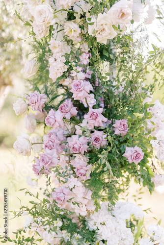 Elegant pastel rose and hydrangea wedding floral arrangement