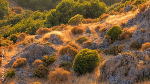 scrubland. Mediterranean scrubland with low thorny bushes and sun-bleached rocks under bright sunlight. travel magazines, destination branding, designed for travel destination branding.