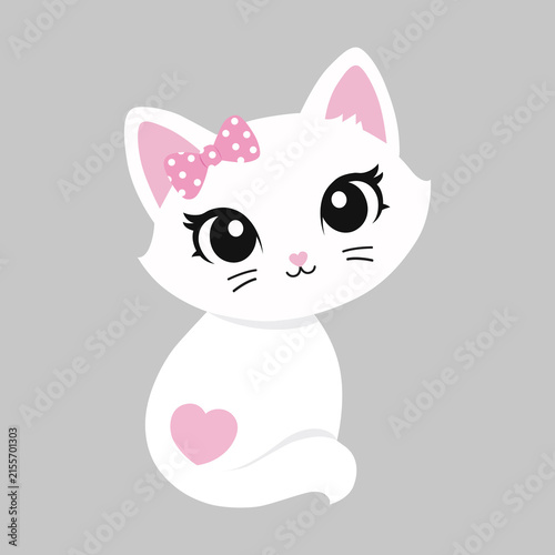 Cute white cat illustration with pink bow, heart-shaped nose and heart detail, isolated on a soft gray background. Adorable kawaii kitten design for cards, stickers, gifts, posters and nursery dec