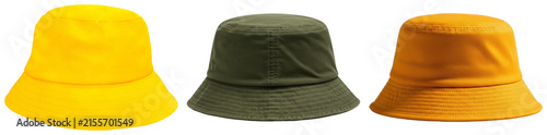 фотографія A stylish trio of modern bucket hats in vibrant yellow, classic olive green, and warm orange hues