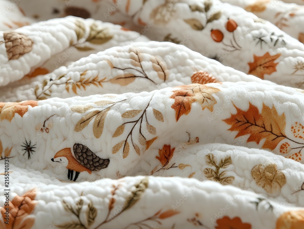 Obraz premium Autumn leaves and birds pattern on cream quilted fabric