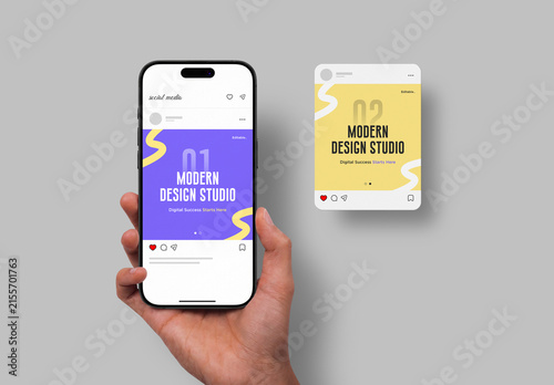 Hand Holding Mobile Phone with Social Media Post Mockup