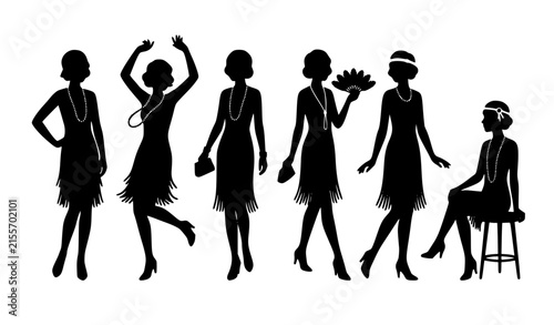 1920s Cinema Flapper Women Silhouette Set Vintage Fashion Vector Collection