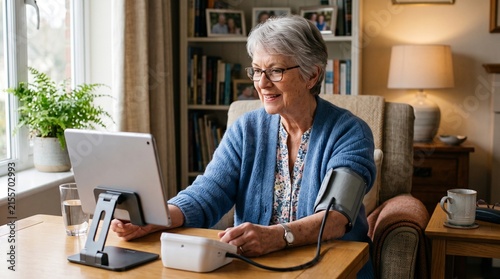 Elderly woman using a tablet while checking her blood pressure at home, indicating remote healthcare or telehealth. She appears relaxed and comfortable in her living room setting.