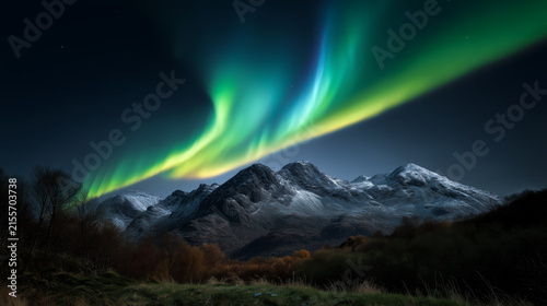 Northern lights over snowy mountains and forest at night
