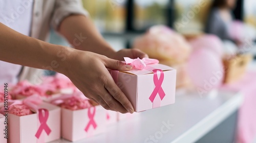 Pink gift box with ribbon for breast cancer awareness event