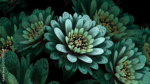 Abstract emerald green fractal flowers on dark background
