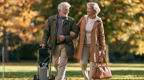 Pulmonary Fibrosis Awareness Month:an elderly couple walking slowly together in a park, the husband pulling a small portable oxygen tank on wheels with nasal cannula, wife holding his arm supportively