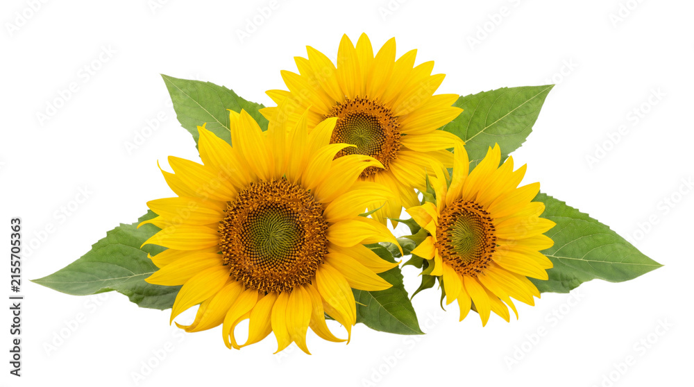 Obraz premium Four sunflowers with green leaves isolated on transparent background
