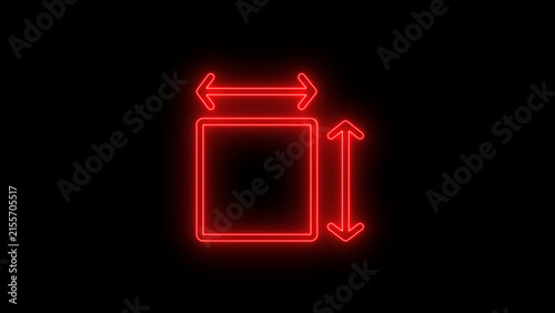 Glowing neon resize and dimension icon featuring horizontal and vertical arrows around a square frame on a dark background. Suitable for design, scaling, size adjustment, interface, technology,