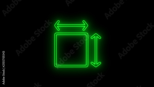 Glowing neon resize and dimension icon featuring horizontal and vertical arrows around a square frame on a dark background. Suitable for design, scaling, size adjustment, interface, technology,