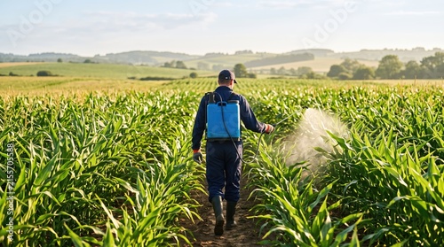 Agricultural Worker Spraying Growing Corn Plants