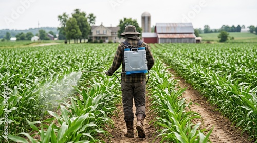 Farmer Working in Cornfield With Backpack Sprayer