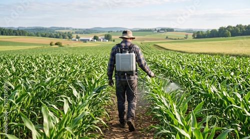 Farmer Spraying Crops in a Green Corn Field