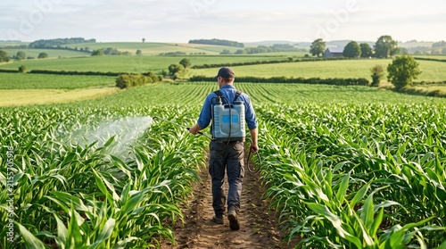 Agricultural Worker Applying Crop Treatment in Cornfield