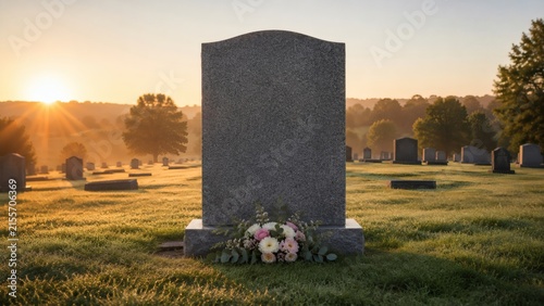 Solitary gravestone at sunrise in peaceful cemetery