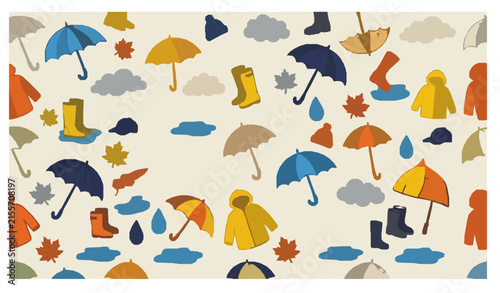 Cute Rainy Day Seamless Pattern with Umbrellas Rain Boots Clouds and Autumn Leaves